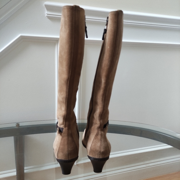 Prada square toe tall boots silver hardware logo women 37.5 tan suede - Picture 6 of 12